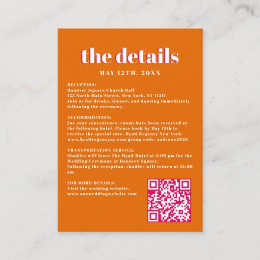 Retro Bold Neon Orange Pink Wedding QR Details Begleitkarte (Vorderseite)