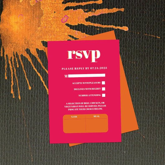 Retro Bold Neon Orange Pink Wedding RSVP Card Karte