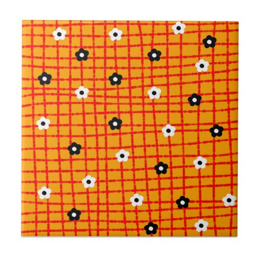 Retro Bold Orange Floral Grid Checkered Botanical Fliese (Vorderseite)