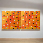 Retro Bold Orange Floral Grid Checkered Botanical Fliese