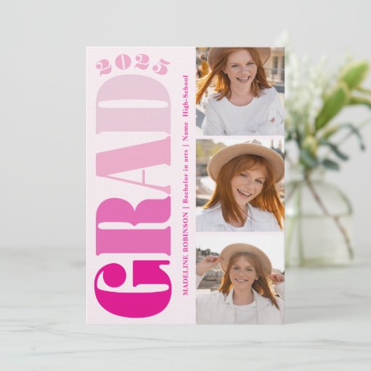 Retro Bold Pink 2025 Graduation Party 4 Foto Einladung (Stehend Vorderseite)