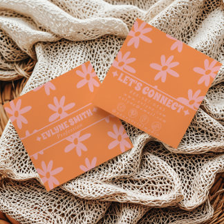 Retro Bold Pink Orange Groovy Floral Girly Funky Quadratische Visitenkarte