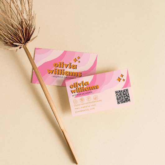 Retro Bold Pink Orange QR Code Groovy Girly Unique Visitenkarte