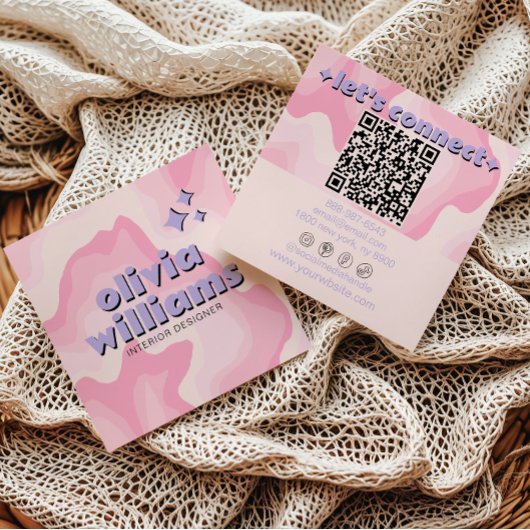 Retro Bold Pink Purple QR Code Groovy Girly Trendy Quadratische Visitenkarte