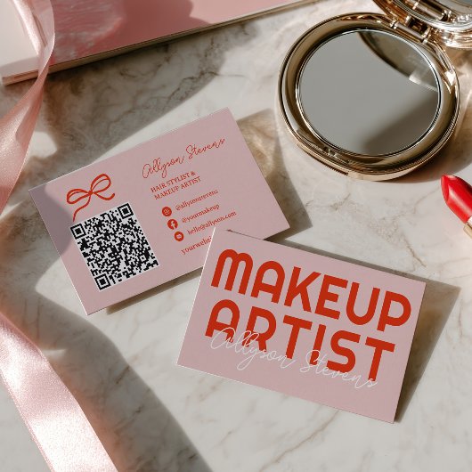 Retro Bold Pink Red Makeup Artist QR Code Visitenkarte