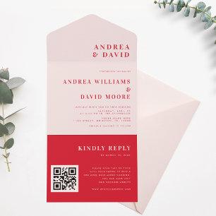 Retro Bold Pink & Rot QR Code RSVP Trendige Hochze All In One Einladung