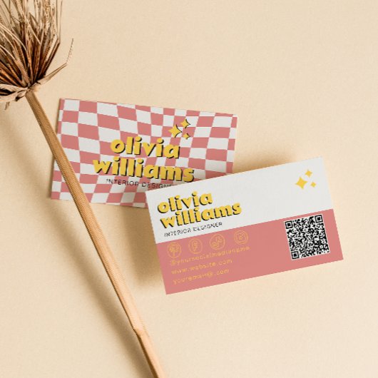 Retro Bold QR Code 70er Jahre Groovy Kariert Trend Visitenkarte