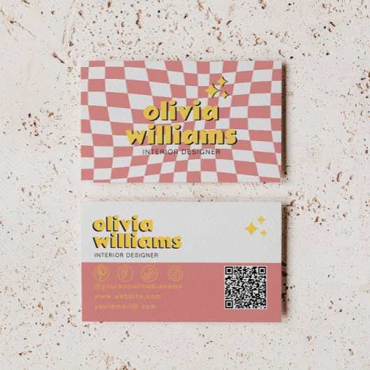 Retro Bold QR Code 70s Groovy Checkered Trendy Visitenkarte
