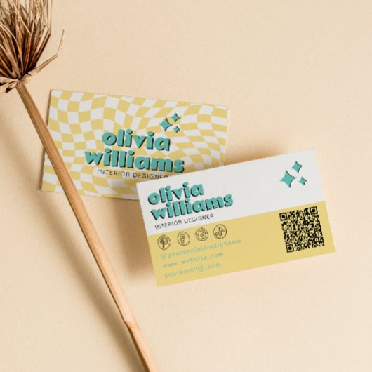 Retro Bold QR Code Boho Groovy Checkered Unique Visitenkarte