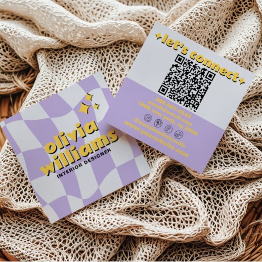 Retro Bold QR Code Groovy Checkered Boho Funky Quadratische Visitenkarte