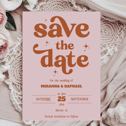 Retro Bold Rust & Pfirsich Foto-Hochzeit Save The Date