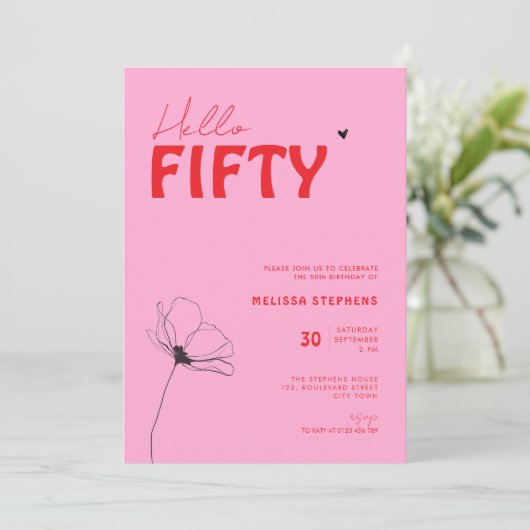 Retro Bold Typo Pink Red Simple 50th Birthday Einladung (Stehend Vorderseite)