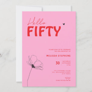 Retro Bold Typo Pink Rot Einfacher 50. Geburtstag Einladung