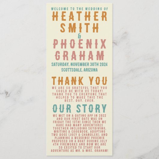 Retro Bold Typografie Bright Foto Wedding Programm (Vorderseite)