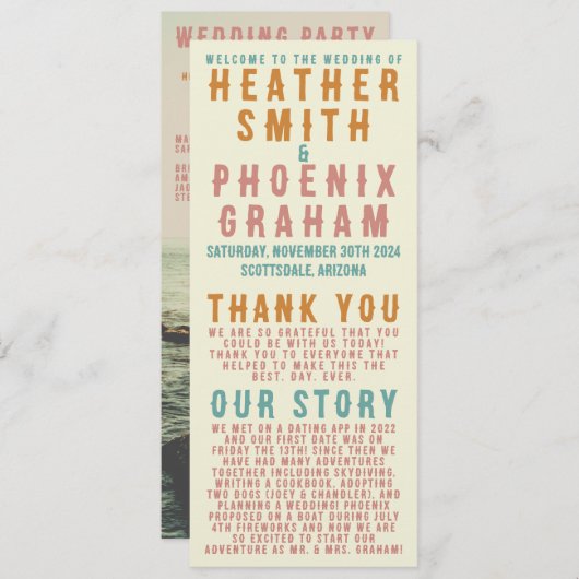 Retro Bold Typografie Bright Foto Wedding Programm (Vorne/Hinten)