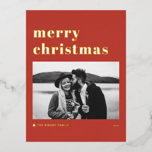 Retro Bold Typografie Red Frohe Weihnachts-Foto Folien Feiertagspostkarte
