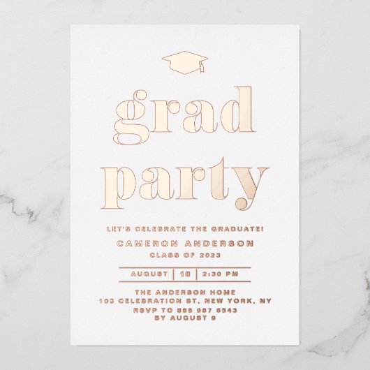 Retro Bold Typografy Graduation Party Rose Gold Folieneinladung (Vorderseite)