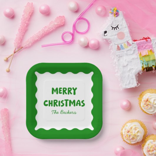 Retro Bold Wavy Green Funky Custom Frohe Weihnacht Pappteller (Party)