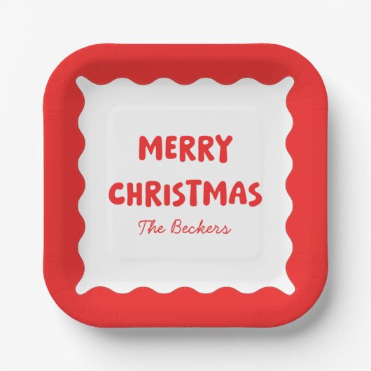 Retro Bold Wavy Red Fun Custom Frohe Weihnachten Pappteller (Vorderseite)