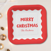 Retro Bold Wavy Red Fun Custom Frohe Weihnachten Pappteller