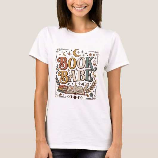 Retro Book Babe Mystical Celestial Witchy Bookish T-Shirt (Vorderseite)