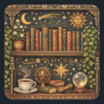 Retro book shelf book lover celestial stars  quadratischer aufkleber<br><div class="desc">A cozy retro-inspired design featuring a charming celestial bookshelf filled with vintage books,  delicate botanical accents,  cosmic design elements and a comforting cup of tea or coffee.</div>