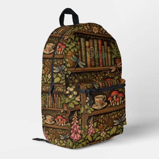 Retro book shelf dragonflies coffee florals  bedruckter rucksack (Rückseitige Ecke links)
