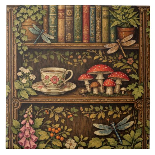 Retro book shelf mushrooms coffee floral  fliese (Vorderseite)