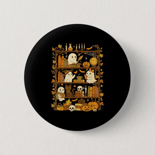 Retro Bookshelf Black Cat Halloween Ghost Reading Button (Vorderseite)