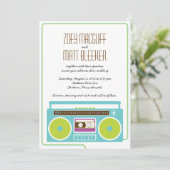 Retro Boombox Indie Mixtape Wedding Blue / Limon Einladung (Stehend Vorderseite)