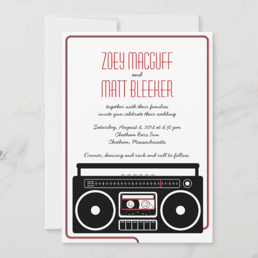 Retro Boombox Indie Mixtape Wedding (BW / Rot) Einladung (Vorderseite)
