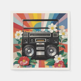 Retro Boombox mit Regenbögen und Blumen Serviette
