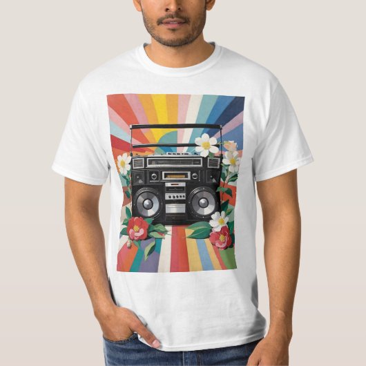 Retro Boombox With Rainbows And Flowers T-Shirt (Vorderseite)