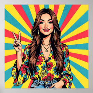 Retro Boomer Hippie Lady gibt Friedenszeichen Poster