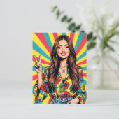 Retro Boomer Hippie Lady gibt Friedenszeichen Postkarte (Stehend Vorderseite)