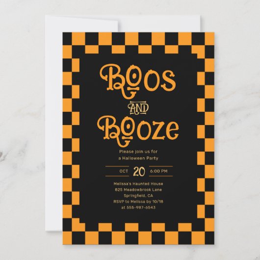 Retro Boos And Booze Halloween Checkered Orange Einladung (Vorderseite)