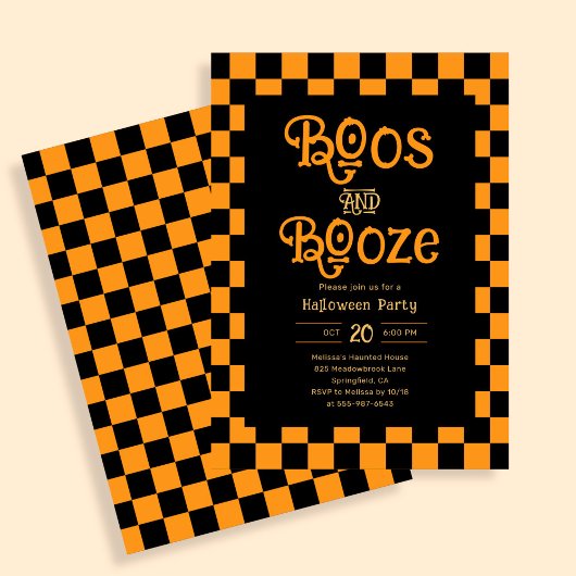 Retro Boos And Booze Halloween Checkered Orange Einladung