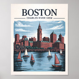 Retro Boston Sailboat Massachusetts Skyline Travel Poster