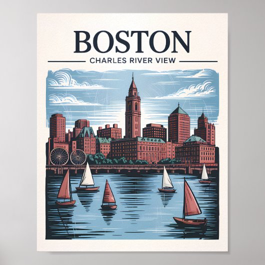 Retro Boston Sailboat Massachusetts Skyline Travel Poster (Vorne)