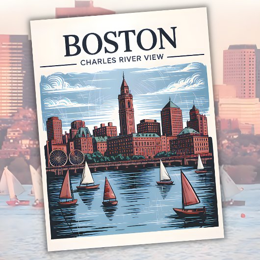 Retro Boston Sailboat Massachusetts Skyline Travel Postkarte