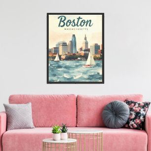 Retro Boston-Silhouette & Segelboote Massachuset Leinwanddruck