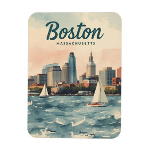 Retro Boston-Silhouette & Segelboote Massachuset Magnet