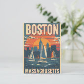 Retro Boston Skyline & Sailboote | Massachusetts Postkarte (Stehend Vorderseite)