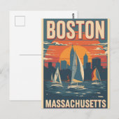 Retro Boston Skyline & Sailboote | Massachusetts Postkarte (Vorne/Hinten)