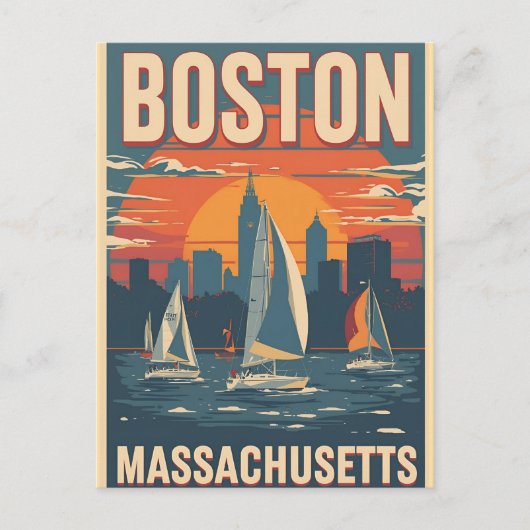 Retro Boston Skyline & Sailboote | Massachusetts Postkarte (Vorderseite)