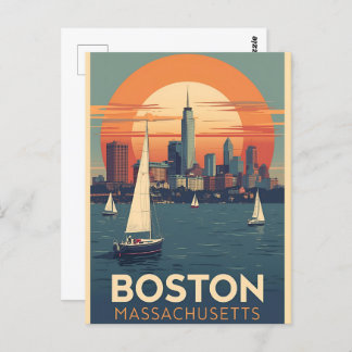 Retro Boston Skyline & Sailboote | Massachusetts Postkarte