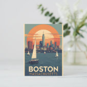 Retro Boston Skyline & Sailboote | Massachusetts Postkarte (Stehend Vorderseite)