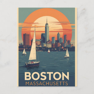 Retro Boston Skyline & Sailboote   Massachusetts Postkarte