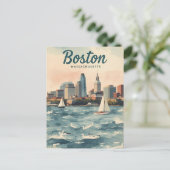 Retro Boston Skyline & Sailboote | Massachusetts Postkarte (Stehend Vorderseite)