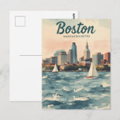 Retro Boston Skyline & Sailboote | Massachusetts Postkarte (Vorne/Hinten)